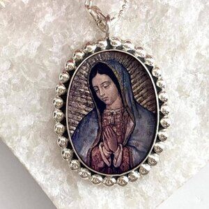 Mexican Our Lady of Guadalupe Sterling Silver 925 Vintage Pendant Necklace - 18"